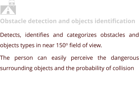 Obstacle detection and objects identification Detects, identifies and categorizes obstacles and objects types in near 150o field of view.  The person can easily perceive the dangerous surrounding objects and the probability of collision  