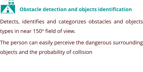 Obstacle detection and objects identification Detects, identifies and categorizes obstacles and objects types in near 150o field of view.  The person can easily perceive the dangerous surrounding objects and the probability of collision  
